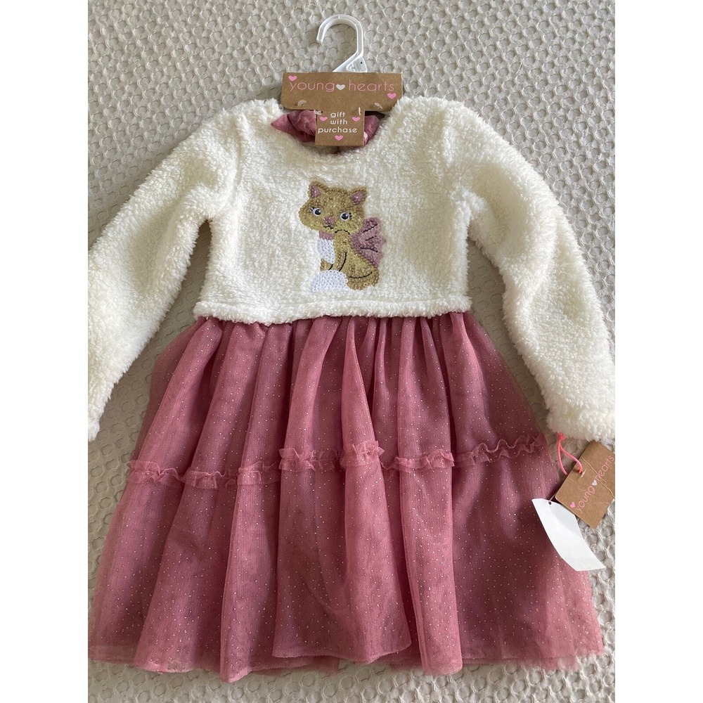 Young Hearts Girls Ivory Sherpa Mauve Glitter Tulle Cat Tutu Dress Size 4โ NWT